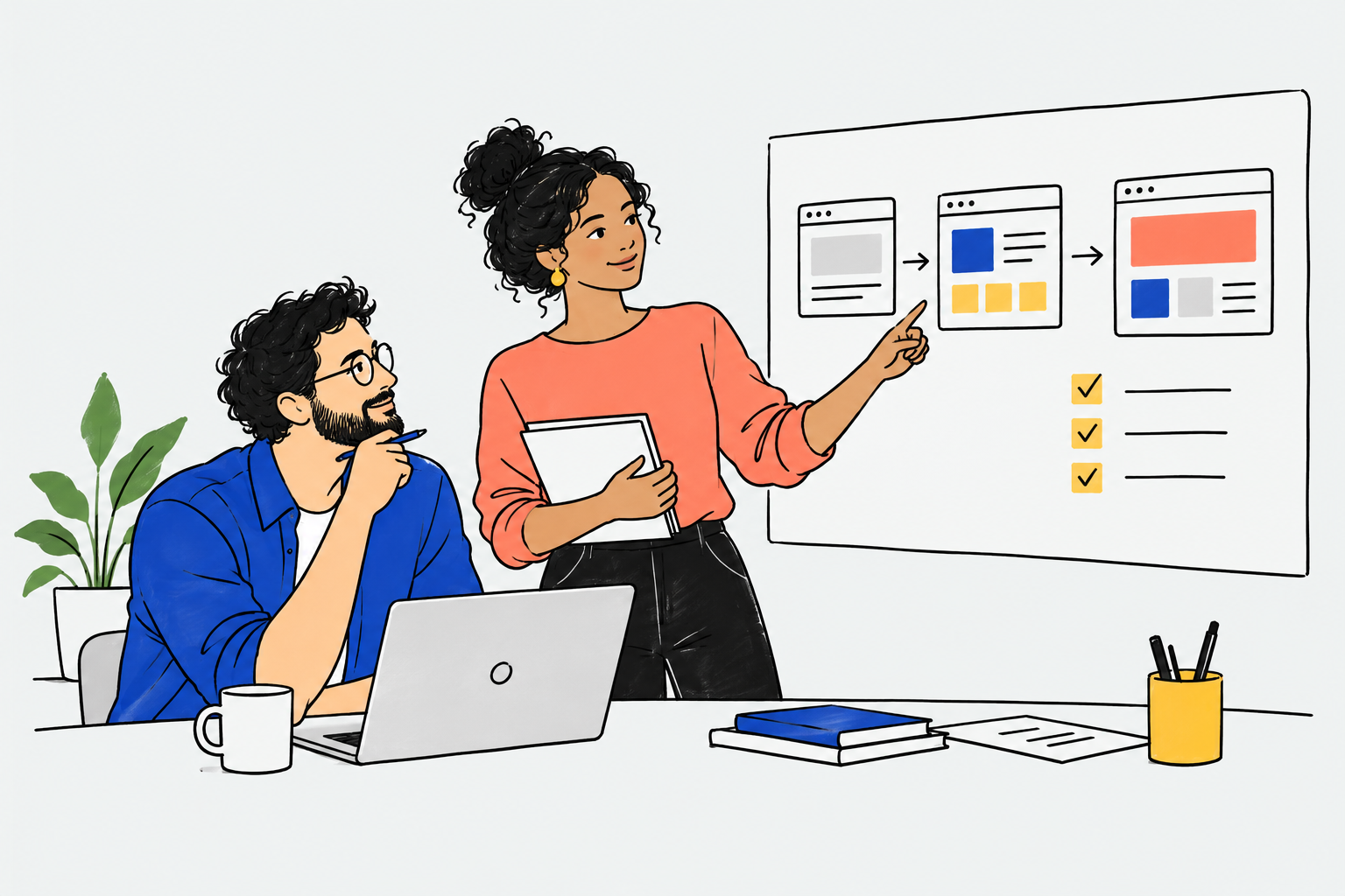 Illustration of two colleagues reviewing improvements to a digital platform
